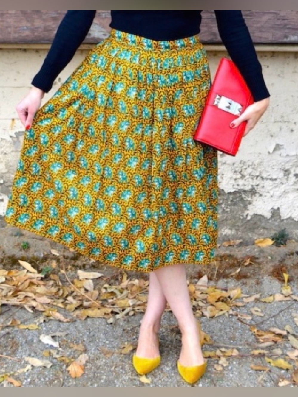 J. Crew Ratti Elephant Print Cotton Pleated Midi Skirt Gold, Black & Green - 12P